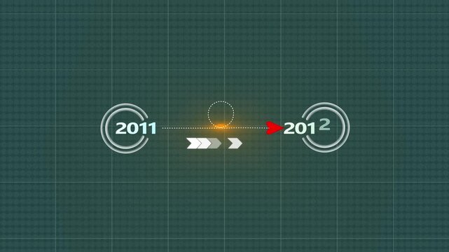 digital timeline 2011 to 2012 transition animation, modern technology interface concept, data flow arrows, circular progress icons, year change motion graphics,