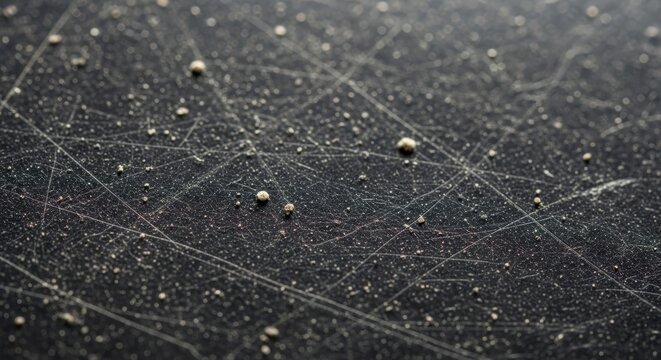 Close-up view of a dark, scratched surface covered in dust particles and small liquid droplets.