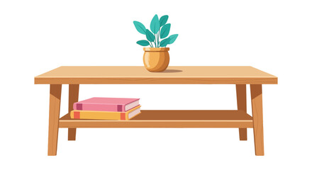 Fototapeta premium Minimalist wooden coffee table illustration featuring a small green potted plant and two stacked reading books