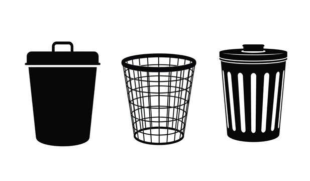 A simple black and white illustration depicts three different types of waste containers a covered bin a wire basket and a trashcan high quality