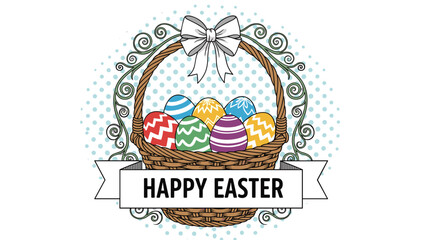 Fototapeta premium Happy Easter illustration featuring a wicker basket full of colorful decorated eggs and a white ribbon banner in a vintage comic style.