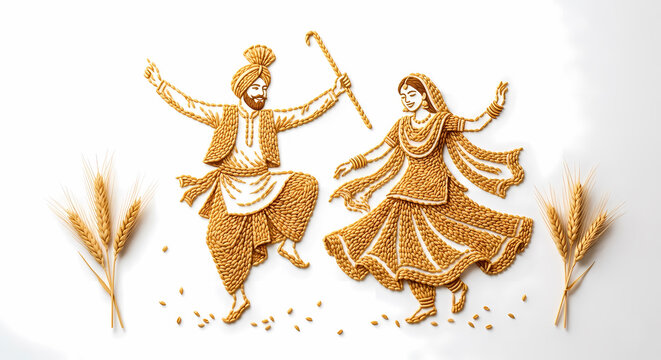 Happy Baisakhi, vaisakhi Indian traditional festival promotional concept with Punjabi sikh couple dancing background.