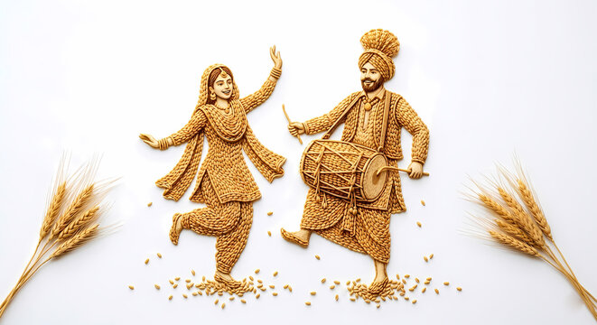 Concept for Happy Baisakhi, Punjabi sikh couple performing traditional dance with wheat decor background.