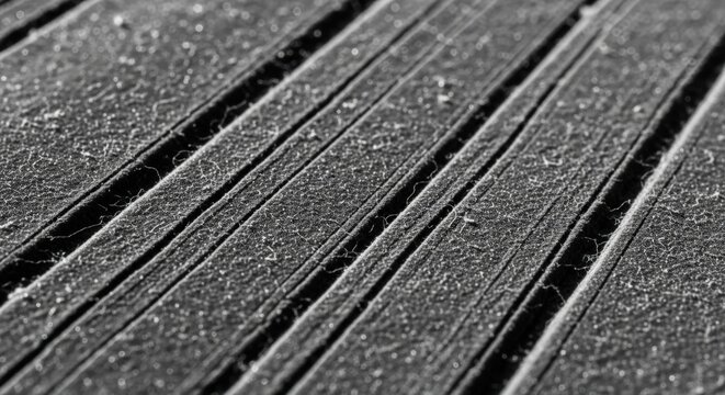 Detailed close-up of a dusty, textured dark surface with parallel grooves, possibly wood or fibers, in monochrome.