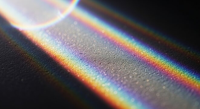 Close-up of a vibrant rainbow light spectrum cast across a dark, textured surface with a bright lens flare.