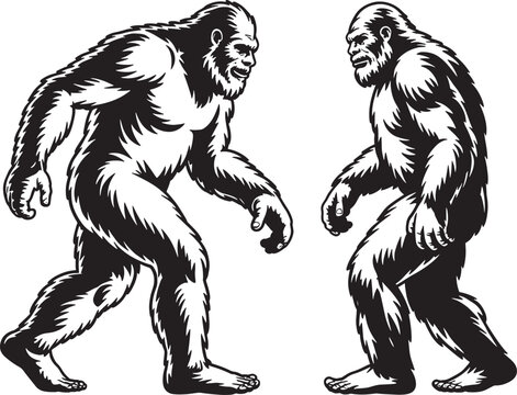 Two bigfoot silhouettes facing each other, mythical creature for fantasy and adventure themes