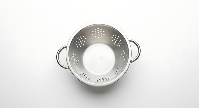 Overhead shot of a stainless steel colander with handles on a plain white surface background ai generated