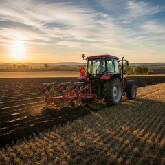 Fototapeta premium Red tractor plowing field at sunset, agricultural machinery.