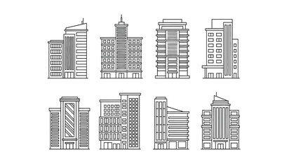 Fototapeta premium A minimalistic line drawing showcases eight distinct skyscrapers and building facades presenting a cityscape in a simple modern style high quality professional detailed elegant