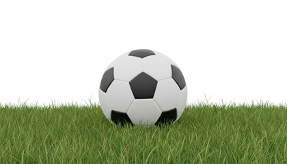 Fototapeta premium Classic soccer ball on green grass field, black and white leather football on lawn, professional sports equipment for match competition isolated PNG with Transparent Background