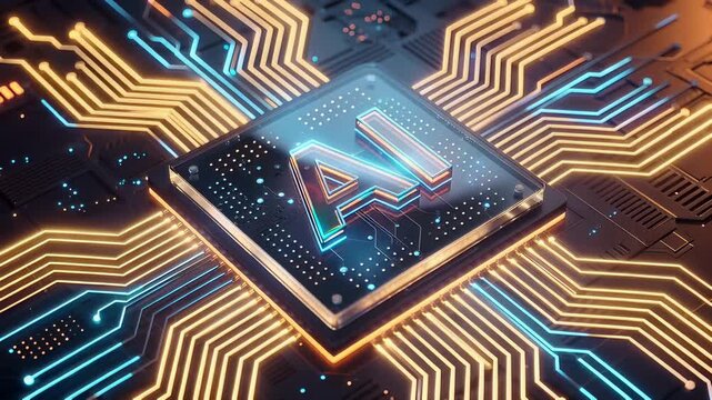 Futuristic artificial intelligence processor glowing on a high-tech circuit board. Concept of advanced computing power, machine learning, neural networks, and next-generation digital innovation.