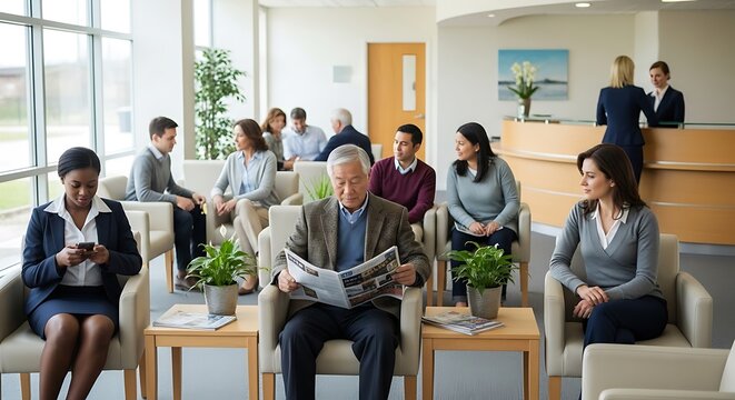 Diverse group of patients waiting in a modern clinic environment