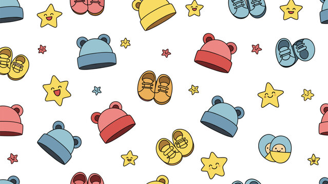 Colorful baby pattern featuring hats, shoes, and smiling yellow stars on a white background, suitable for nursery textiles or wallpapers.
