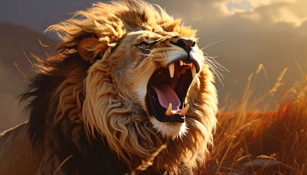 A mighty lion roars with its mouth open