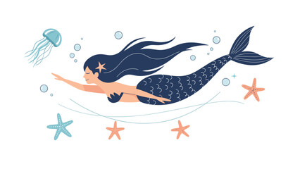 Obraz premium Dark haired mermaid swimming gracefully underwater with blue jellyfish and starfish on a white background in a simple flat style.