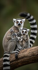 Fototapeta premium Ring-tailed lemur family with babies on a tree branch, Madagascar wildlife.