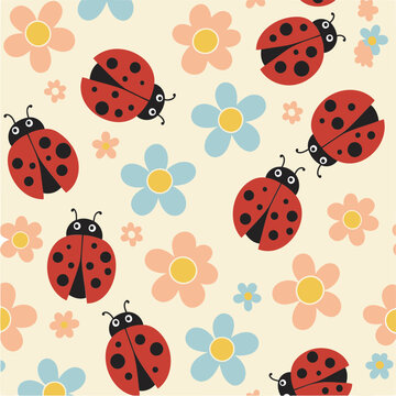 Ladybug and flower seamless pattern design for children's wear. Colorful, cute insects and blossoms on a light beige background.