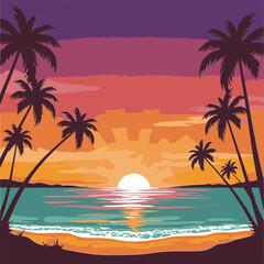 Obraz premium Tropical beach sunset scene with silhouettes of palm trees and ocean waves. Peaceful, idyllic view of a sunrise over the sea with vibrant colors.