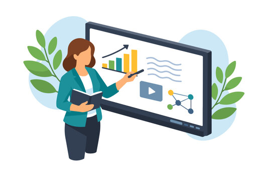 Female teacher presenting educational data on a digital smartboard