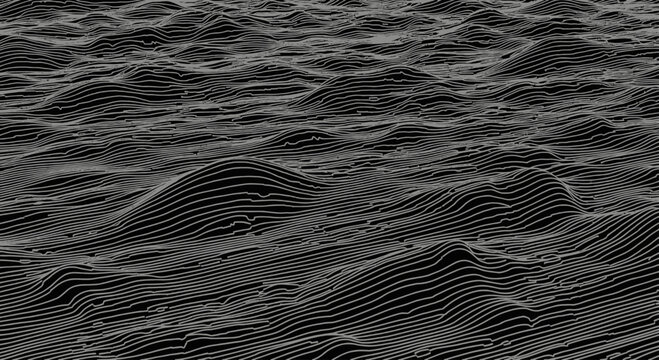 Abstract, monochromatic landscape of undulating parallel lines on a black background