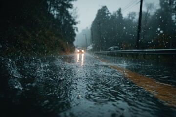 Obraz premium Heavy rain splashes on wet road surface, car headlights approach. Illustrates bad weather driving conditions, risk, or a moody journey.