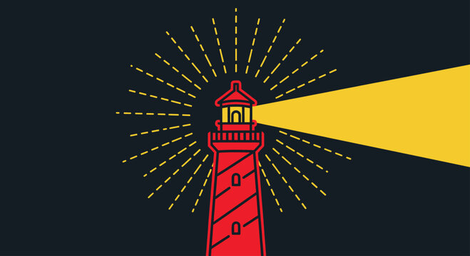 Red lighthouse emitting a bright yellow beam against a dark background
