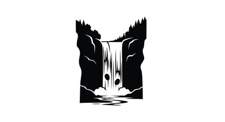 A striking black and white illustration depicts a powerful waterfall cascading down rocky cliffs into a flowing river below evoking nature s strength © rsvect02
