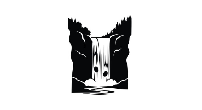 A striking black and white illustration depicts a powerful waterfall cascading down rocky cliffs into a flowing river below evoking nature s strength