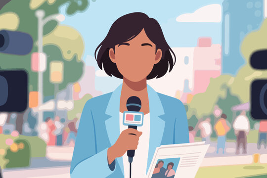 Reporter in suit and tie with microphone between two large video cameras, stylized vector illustration.
