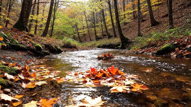 Small river flowing through an autumn forest with fallen orange and yellow maple leaves on the water surface and mossy banks under a canopy of yellow deciduous trees in daylight.