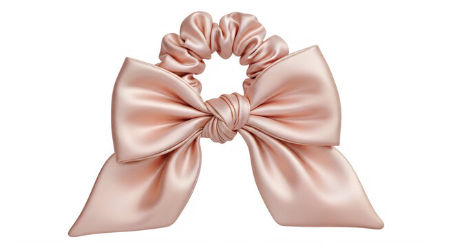 Pink satin hair scrunchie with large bow tie accessory for women transparent background