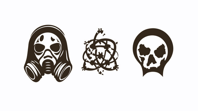 Three minimalist designs in brown a gas mask, entangled lines, and a skull in a halo