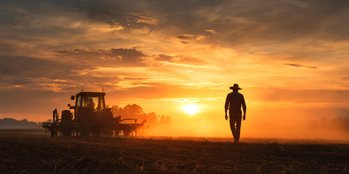 Silhouette of young male farmer walking beside tractor with seedbed cultivator in field at dusk golden sunset sky.