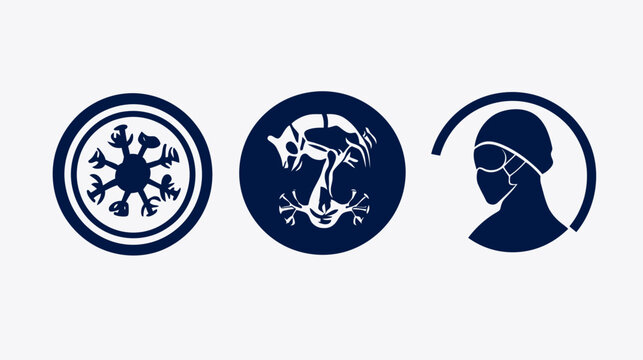 Three circular illustrations in navy against white a snowflake, a creature, and a person masked