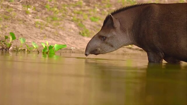 Tapir Drinking Water in Natural River Habitat