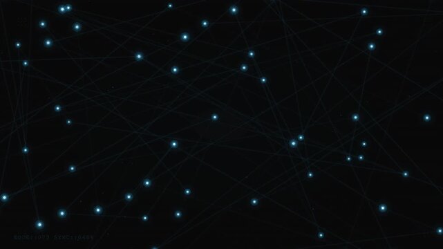 Title Sequence with Points of light connected by faint lines on black background. Suitable for tech concept designs. Tech, modern, abstract, network, connection.