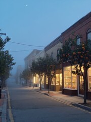 Fototapeta premium Foggy street with warm shop lights