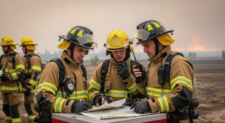 Fototapeta premium Three Firefighters Strategizing with a Map During an Emergency Operation Outdoors