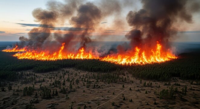 Aerial view of a massive wildfire engulfing a dense forest with towering flames and thick smoke against a dramatic sky.