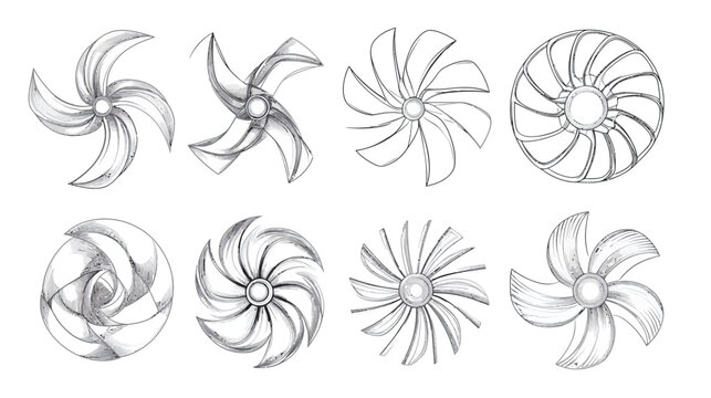 Eight stylized impeller illustrations. Each shown in grayscale and varies in shape and number of blades