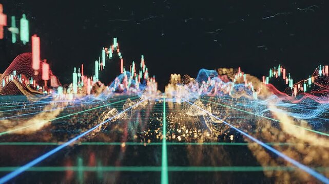 Digital landscape with stock charts and light trails
