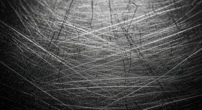 Close-up of a dark, heavily scratched and textured metallic surface with intersecting linear marks creating a distressed grunge background.