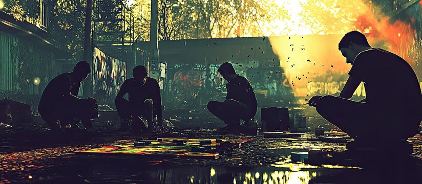 Four Silhouetted Figures Gathered Around a Vibrant Board Game in Gritty Urban Setting