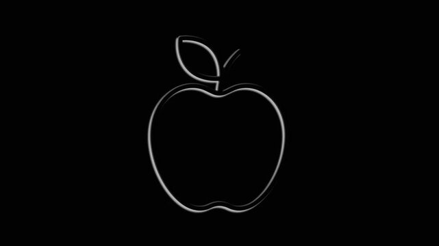 Animated apple icon: minimalistic light outline, fruit with leaf on black background,isolated.