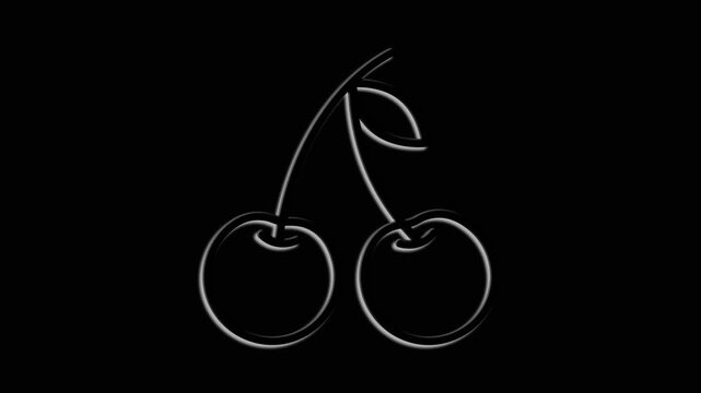 Animated cherry icon: minimalistic light outline, a pair of berries with a leaf on a black background, isolated.