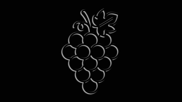 Animated grape icon: minimalistic light outline, a bunch of berries with a leaf on a black background, isolated.