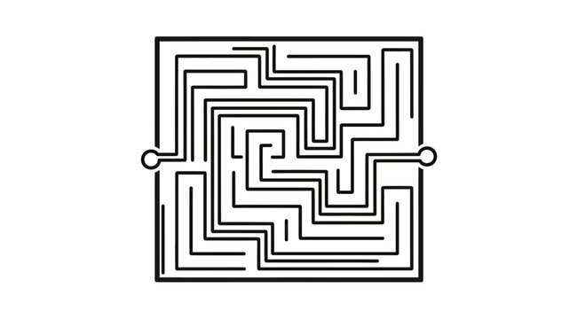 A complex black and white maze with two circular entry points on the sides