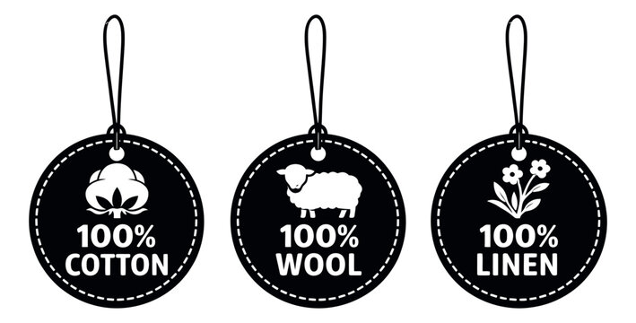 Simple icon tags set featuring cotton, wool, and linen symbols for textile product labeling