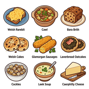 Traditional Welsh food collection set with labeled dishes vector illustration