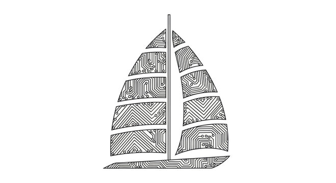 Silhouette of a sailboat with sails depicted as circuit boards
